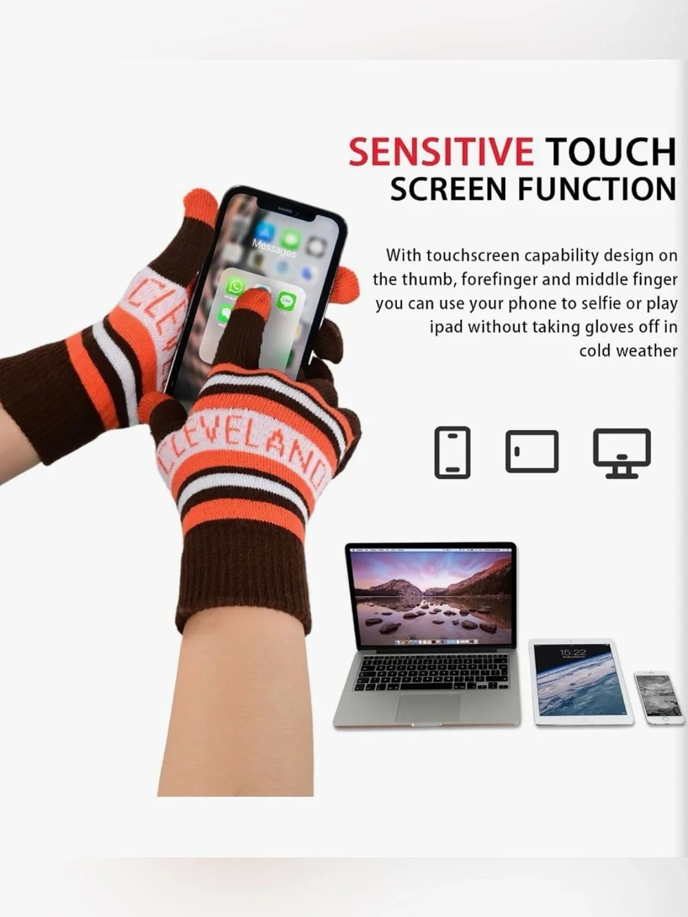 Cleveland Striped Pom Beanie & Gloves Set - Adult- Brown/Orange/White